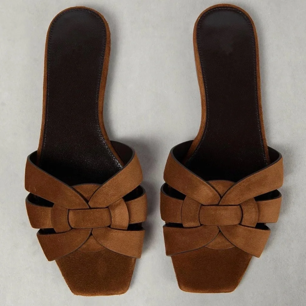 Women's Brown Suede Slide Sandals - Knotted Strap - Picture 3 of 9